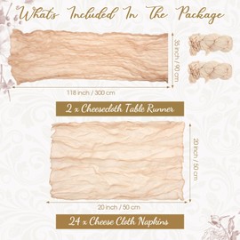 Windkream 2 Cheesecloth Table Runners and 24 Napkins Set, 10Ft Boho Cheese Cloth Table Runners 20 x 20 Inch Rustic Wrinkled Gauze Napkins for Wedding Birthday Baby Shower(Champagne)
