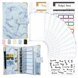 MATHARAGO Budget Binder, Cash Envelopes for Budgeting, Money Organizer for Cash, 12Pcs Budget Binder with Cash Envelopes, Marble 6-Ring Money Saving Binder (Blue)