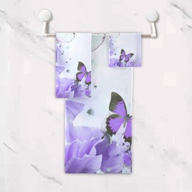ALAZA Purple Rose Flower Butterfly Towel Bathroom Sets 1 Bath Towel 1 Hand Towel 1 Washcloth Soft Luxury Decorative Set of 3 Towels Multipurpose for Kitchen Home Spa Beach