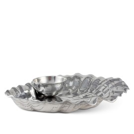 Arthur Court Aluminum Metal Oyster Chip Bowl with Pearl Dip Bowl - Formal and Everyday Coastal décor 15 inch x 13.5 inch