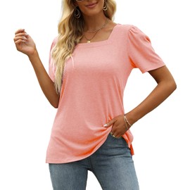 Womens Tops Short Sleeve Square Neck Shirts Loose Casual T-Shirts Tunic Tops for Leggings Coral Pink XXL