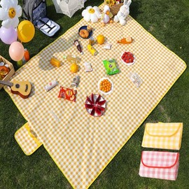 Aesthetic Lightweight Thin 200x200cm Waterproof Picnic Mat for Outdoor Beach - Portable & Checkered 01 Mat 200x200cm - Yellow 2ea