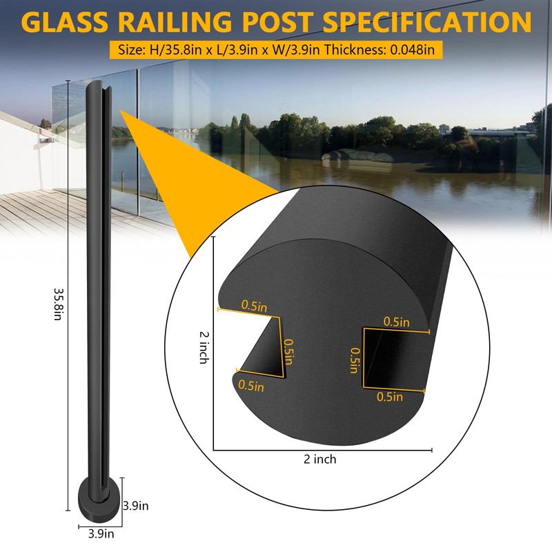 VoTwoofv Round Glass Railing 35.8",304 Stainless Steel Glass Balustrade Post