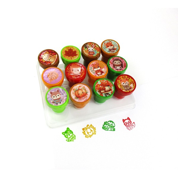 TINYMILLS Autumn Animals Self-Inking Stamper Set, 12 Pieces, Fall Theme