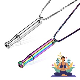 GROVL 2Pcs Stress Relief Mindful Necklace Portable Meditation Stainless Steel Breathing Necklace Anxiety Relief Whistle Necklace Men Women Breathing Exercises Meditation Relaxation(Silver,Colored)