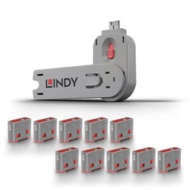 Lindy USB Type A Port Blocker- Pack of 10 Blockers + Key, Pink