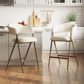 COLAMY Bar Stools Set of 2, Counter Height Stools with Armrests & Ergonomic Curved Backrest, Wood-Look Metal Legs, Footrest & Non-Slip Pads for Kitchen Island, Beige