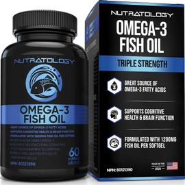Nutratology Omega 3 Fish Oil Supplement Triple Strength with Fatty Acids - 1200MG Fish Oil, 720 MG Omega 3 Supplements, 432MG EPA & 288MG DHA Per Softgel. Burp-less Lemon Flavour - 60 Softgels 