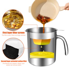 304 Stainless Steel Kitchen Oil Filter Kettle, Large Capacity 2 Liters/68 oz Increased Activated Carbon Filtration, Activated Carbon Filter Deodorizes and Filters Ultra-Fine Oil Scum