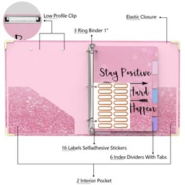 3 Ring Binder 1 Inch Round Ring Binder with 6 Tab Dividers，2 Interior Pockets，Cute Binder Clipboard with Storage, for School Office, Portfolio(Stay Positive)