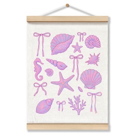 OFJE Pink Coastal Beach Seashell Poster Hanger Frame, Ocean Beachy Aesthetic Wall Decor Posters with Wooden Frames, Trendy Retro Preppy Beachy Wall Hanging Decor for Living Room Bedroom, 12x16 Inch