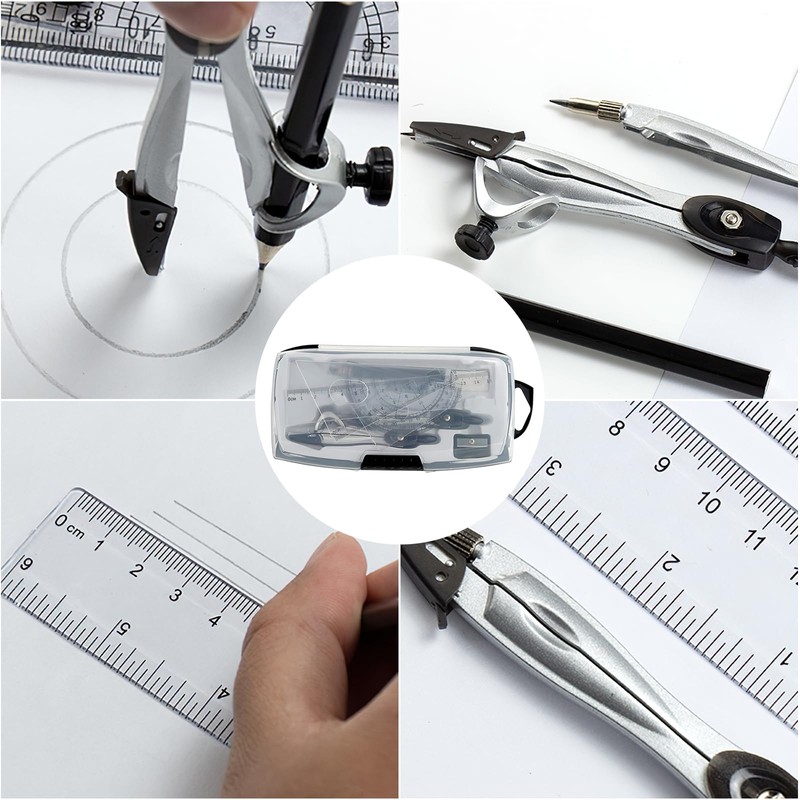 Maths Set, 10pcs Maths Set in Carry Case, Geometry Compasses
