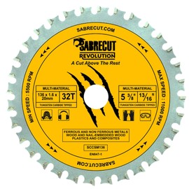 1 x SabreCut SCCSM136_32 136mm 32T x 20mm 16mm Bore Multi-Material Metal Wood Plastic Circular Saw Blade Compatible with Bosch Dewalt Makita Milwaukee and Many Others