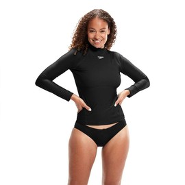 Speedo Women's Long Sleeve Sun Protection Rash Top | UV Protection | Rash Guard, Black, XL