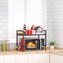 PUSDON Extendable Microwave Oven Rack, Adjustable Microwave/Toaster Shelf Heavy Duty Stand Kitchen Counter Top Organizer, 2 Tier with 3 Hooks, 160lbs Weight Capacity, Bronze