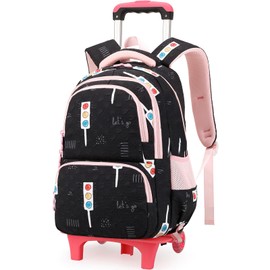 LASUK Rolling Backpack for Elementary School Students Teens Travel Bag Wheeled Trolley Trip Luggage Trolley Daypack for Girls and Boys, BK Indicator Light