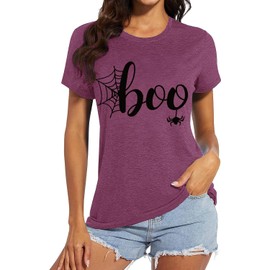 Comfy T Shirts for Women Loose Fit Graphic T Shirts for Women Funny Trendy Loose Fit Ghost Spider Web Graphic Tee Tops Letter Print Tops for Women (Purple L)