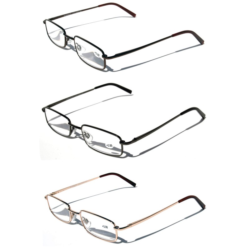 V.W.E. 3 Pairs Slim Metal Rectangular Reading Glasses/w Spring Hinge