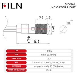 10PCS Small 12V LED Indicator Light, 8mm (5/16") IP67 Waterproof Low Power Pilot Lights Panel Mount for Car, Truck, Boat, Marine, Dash(5v-24v, Red/Gre