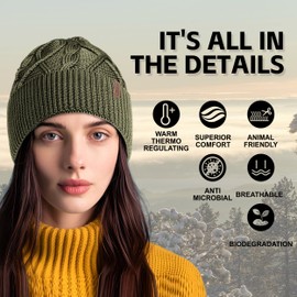 OUTDOOR SHAPING Merino Wool Beanie, Unisex Cable Knit Hat, Daily Rib Cuff Beanie, Warm Winter Cap, Army Green, One Size