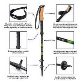 Cascade Mountain Tech Trekking Poles - Aluminum Hiking Walking Sticks with Adjustable Locks Expandable to 54" (Set of 2) , Green