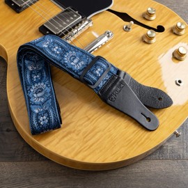 KLIQ Vintage Woven Guitar Strap for Acoustic and Electric Guitar | 2 Rubber Strap Locks Included (Classic-Hendrix Blue), Navy Blue and Blue Sun Flower, Regular