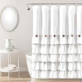 Solid Color Ruffle Trim Shower Curtain, Woven Layered Ruffle Design Shower Curtain with Natural Button Accents, Machine Washable Polyester Bath Curtain, Bathroom Decor, Bathroom Accessories - Color: White, Specification: 72x72in