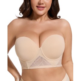 HWDI Strapless Longline Bra for Women Convertible Multiway Lace Corset Lift Up Bras Underwired Plus Size Beige, 38C