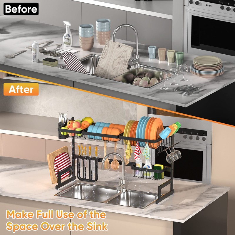 PUSDON Over Sink Dish Drying Rack Stainless Steel, Adjustable Large