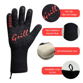 COOLJOB Heat Resistant BBQ Gloves for Hot Temperature Cooking, Barbecue Grilling or Baking Bread Pizza, 800 Degrees Safe Oven Mittens with Fingers, Aramid Fiber with Silicone Grip, One Size, Black