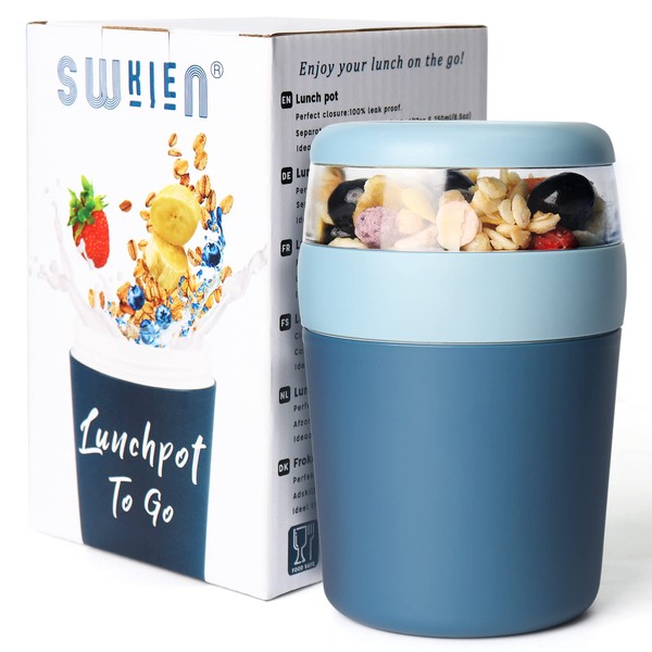 Muesli Cup to Go, Yogurt Cup for On the Go with Spoon, Leak-Proof Yoghurt to Go Cup, Large (250 ml + 500 ml), Dishwasher Safe Lunch Pot, Cereal to Go Cup for Work, School, Picnic, Travel