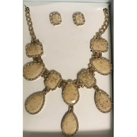 K&M Accessories Gold Tone Crystal Drop Dangle Bib Statement Necklace Earrings Set Chunky Elegant