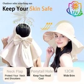 Yooooomi Womens Wide Brim Sun Hat with Ponytail Hole Foldable Summer Cap with Neck Flap UPF50+ (CA/US, Alpha, One Size, Beige)