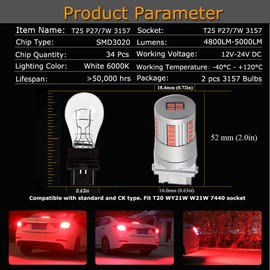 Eluseastar T25 3157 P27/7W LED Bulbs Red Built in Resistor with 34LED-SMD3020 Chip Extremely Bright for Car Brake Tail Light, 2 Pack