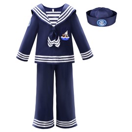 ReliBeauty Kids Navy Sailor Uniform for Boys and Girls with Hat,Blue,7-8/130