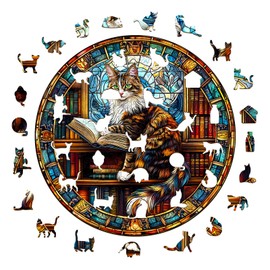KAAYEE Wooden Jigsaw Puzzles-Wooden Puzzle Adult Unique Shape Advanced Maine Cat Library Wooden Jigsaw Puzzle for Adult, Family Puzzles 11.4 * 11.4in 200pcs