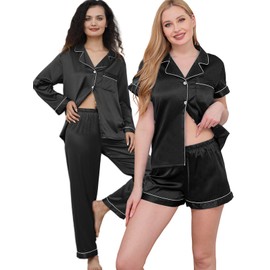 WJing Yi Jia 4Pcs Womens Silk Satin Pajama Sets Floral Pajamas Silky Pj Sets XS-2XL Button Down Pjs Set Loungewear Sleepwear Black