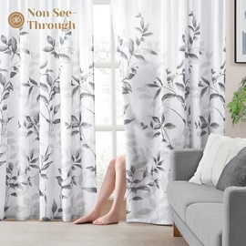 HOMEIDEAS Non-See-Through Light Grey and White Privacy Sheer Curtains 52 X 96 Inches Long 2 Panels, Leaf Floral Printed Light Filtering Semi Sheer Window Curtains Drapes for Bedroom Living Room