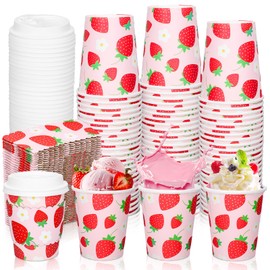 FYSUIMU 50Pcs 8Oz Strawberry Disposable Coffee Cups with Lids and Sleeves Red Pink Strawberry Beverage Paper Drinking Cups for Sweet One First Birthday Summer Fruit Party