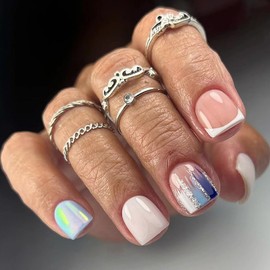 Press on Nails Extra Short Square SWEKKE Summer White French Tip Fake Nails Full Cover Flash Blue Glue on Nails Glitter Glossy False Nails with Nail Glue Acrylic Artificial Nails for Women Girls 24Pcs