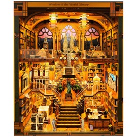 VORATHIS Book Nook Kit - DIY Miniature World Library Booknook - 3D Wooden Puzzle with LED Lights - Creative Bookshelf Insert & Educational Gift for Adults