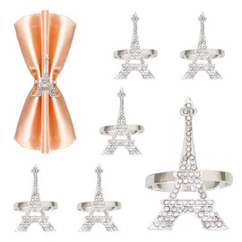 Davifina Silver Eiffel Tower Napkin Rings Set of 6 Western French Paris Napkin Rings for Valentine's Day Wedding Decor,Sparkly Rhinestone Napkin Buckles for Holiday Family Gathering Table Setting