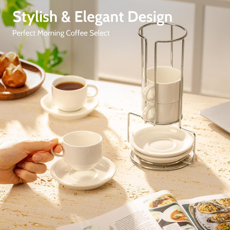 Sweese 2.5 Ounce Porcelain Stackable Espresso Cups with Saucers and