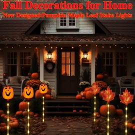 Xingpold 6 Pack Fall Decor Solar Maple Leaf Pumpkin Lights for Thanksgiving Decorations Outdoor,Waterproof Solar Thanksgiving Fall Leaves Pumpkin Garden Stake Lights for Outside Pathway Harvest Decor