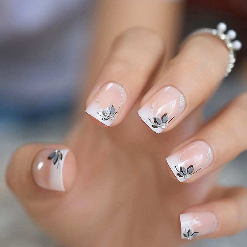 iMABC Short Flower Classic Press On Acrylic Nails Square Natural
