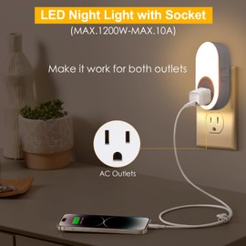 Dawnrise Night Lights Plug Into Wall, Dusk to Dawn Sensor Night Light with Power Outlet, CCT 2200K or 4000K, 5Lm or 20Lm Adjustable Brightness for Bedroom, Kitchen, Living Room, Office, 2PK