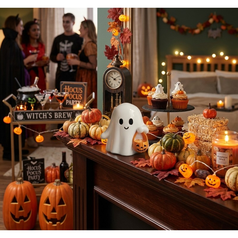Cute Ghost Pumpkin Statue Halloween Decoration – Adorable Resin Figurine