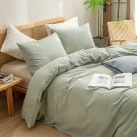 BESTOUCH Duvet Cover Set 100% Washed Cotton Linen Feel Super Soft Comfortable Chic Lightweight 3 PCs Home Bedding Set Sage Green King