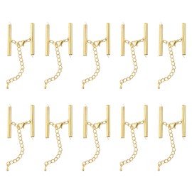 sourcing map 20Sets Slide on End Clasps with Lobster Claw Clasps & Extension Chain, 35mm Tube Slider Crimp Cord Ends for DIY Craft Making, Gold Tone