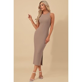 AUSELILY Womens Summer Bodycon Dresses 2025 Basic Casual Sleeveless Knit Tank Midi Dress, Coffee XS